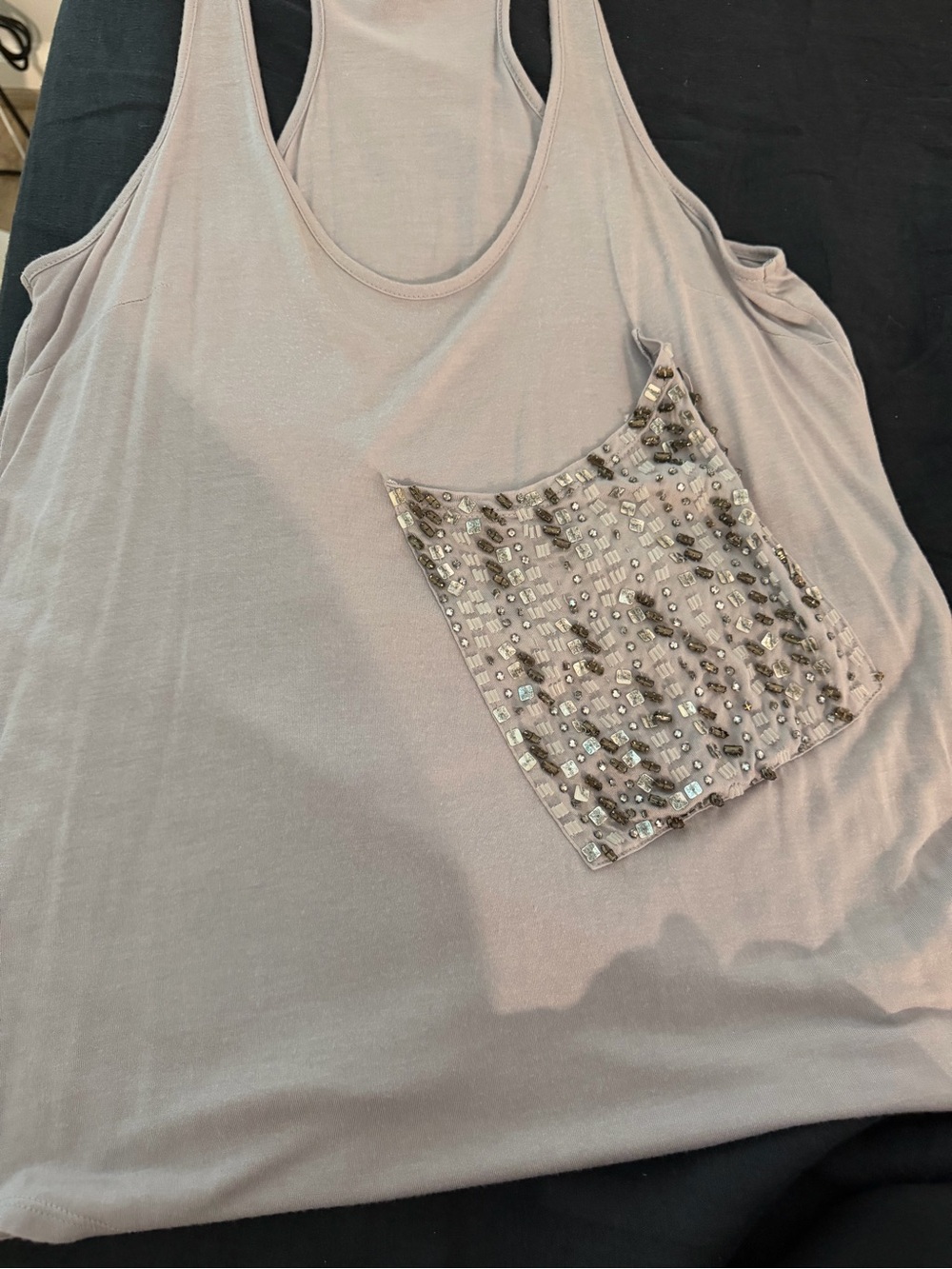 Aqua Beaded Pocket Tank Top - gray